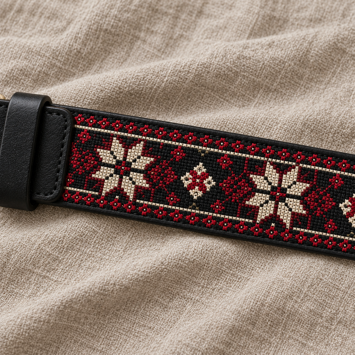 Ivory Star Tatreez Buckle Belt - Black - tatreez stitching detail