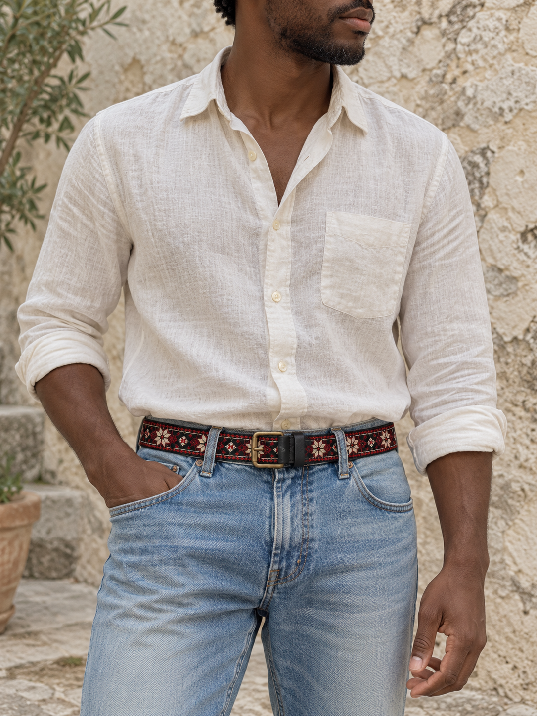 Ivory Star Tatreez Buckle Belt - Black - worn at the waist