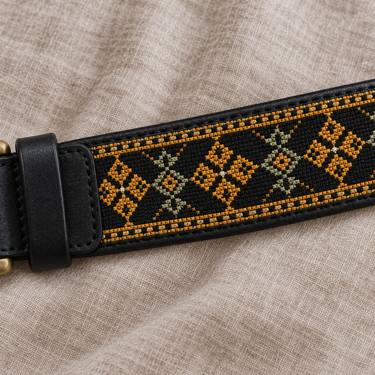 Gold Diamond Tatreez Buckle Belt - Black - tatreez stitching detail