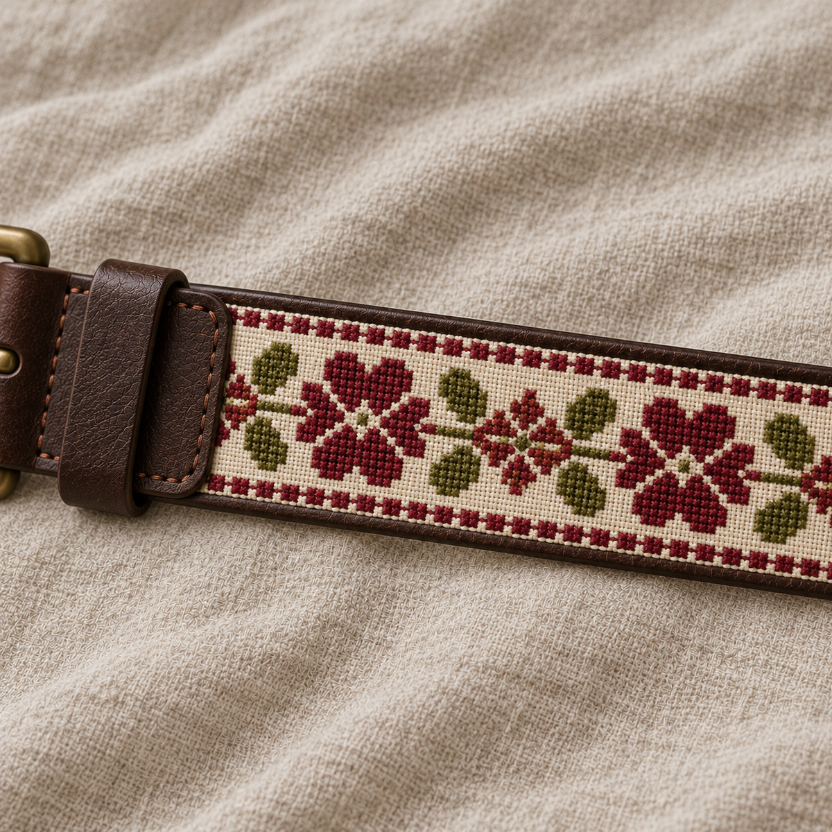 Burgundy Floral Tatreez Buckle Belt - Brown - tatreez stitching detail