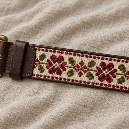 Burgundy Floral Tatreez Buckle Belt - Brown - tatreez stitching detail