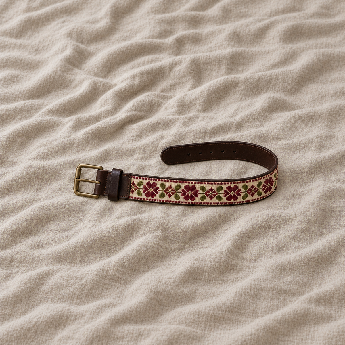 Burgundy Floral Tatreez Buckle Belt - Brown - product view