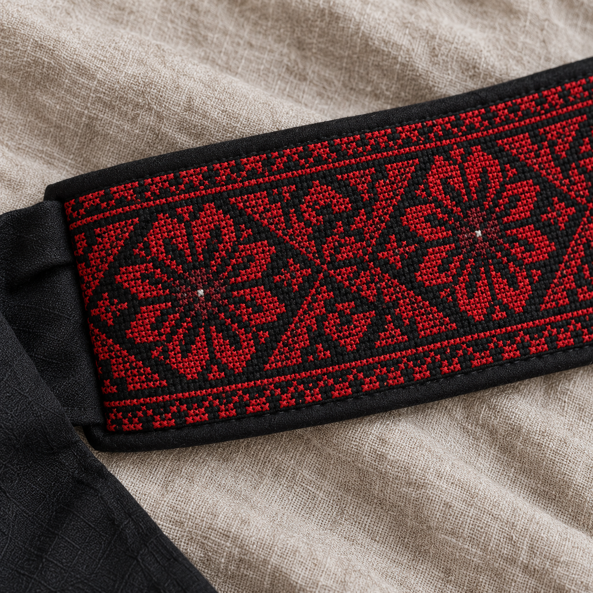 Red Floral Tatreez Wrap Belt - Black - tatreez stitching detail