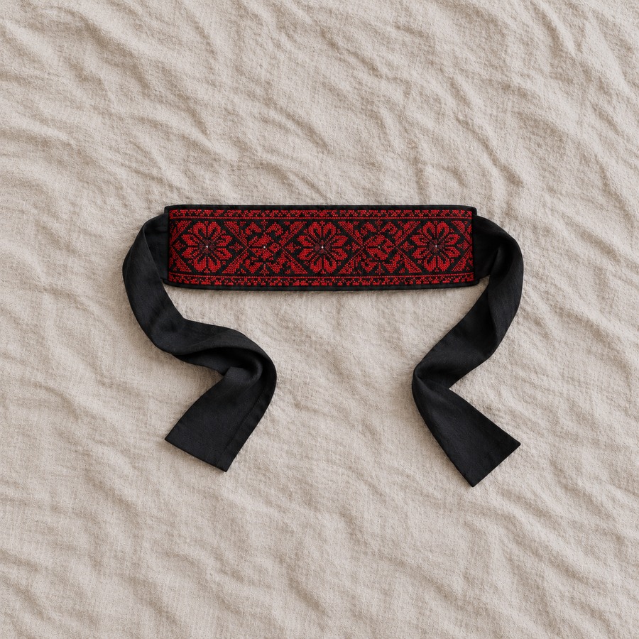 Red Floral Tatreez Wrap Belt - Black - product view