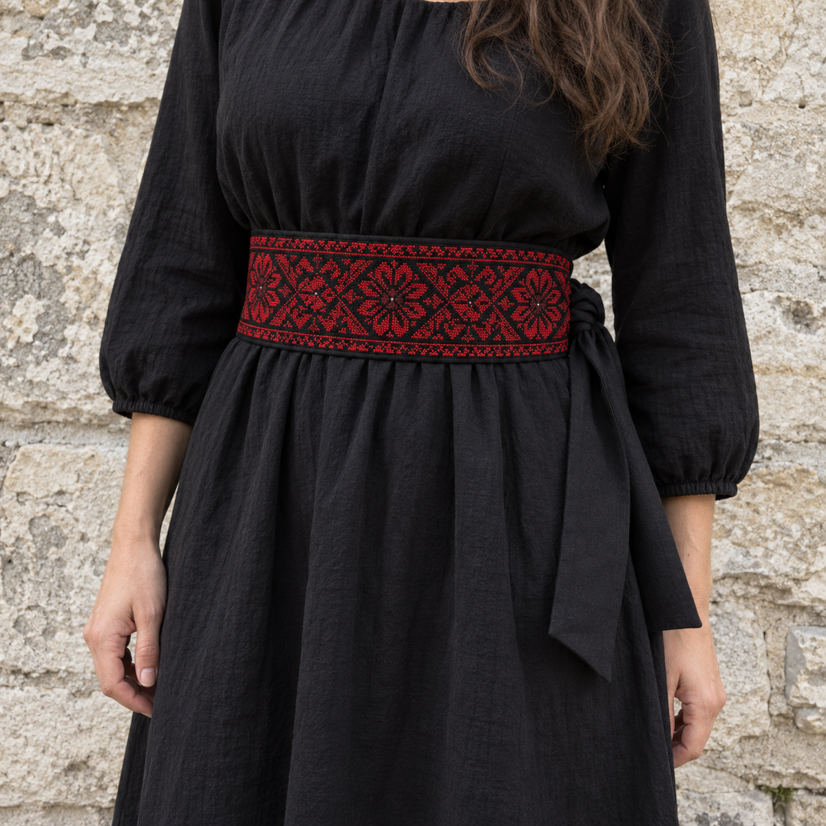 Red Floral Tatreez Wrap Belt - Black - worn at the waist