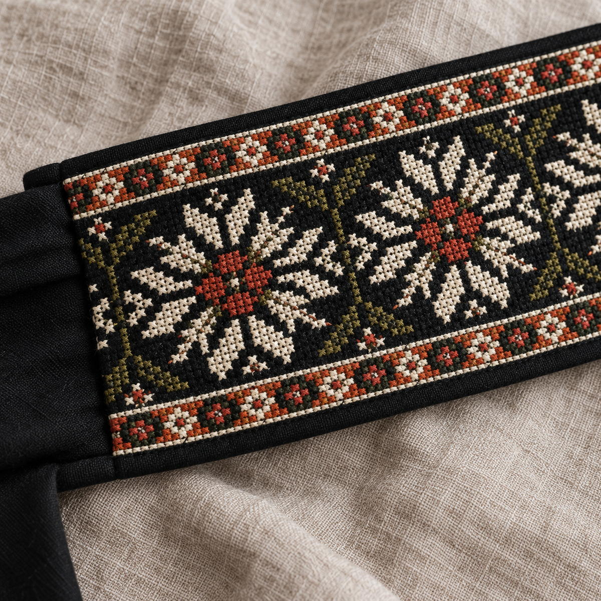 Ivory Rosette Tatreez Wrap Belt - Black - tatreez stitching detail