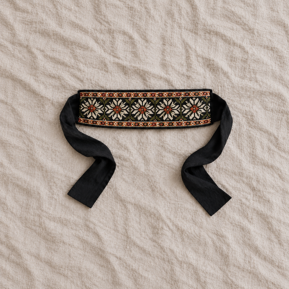 Ivory Rosette Tatreez Wrap Belt - Black - product view