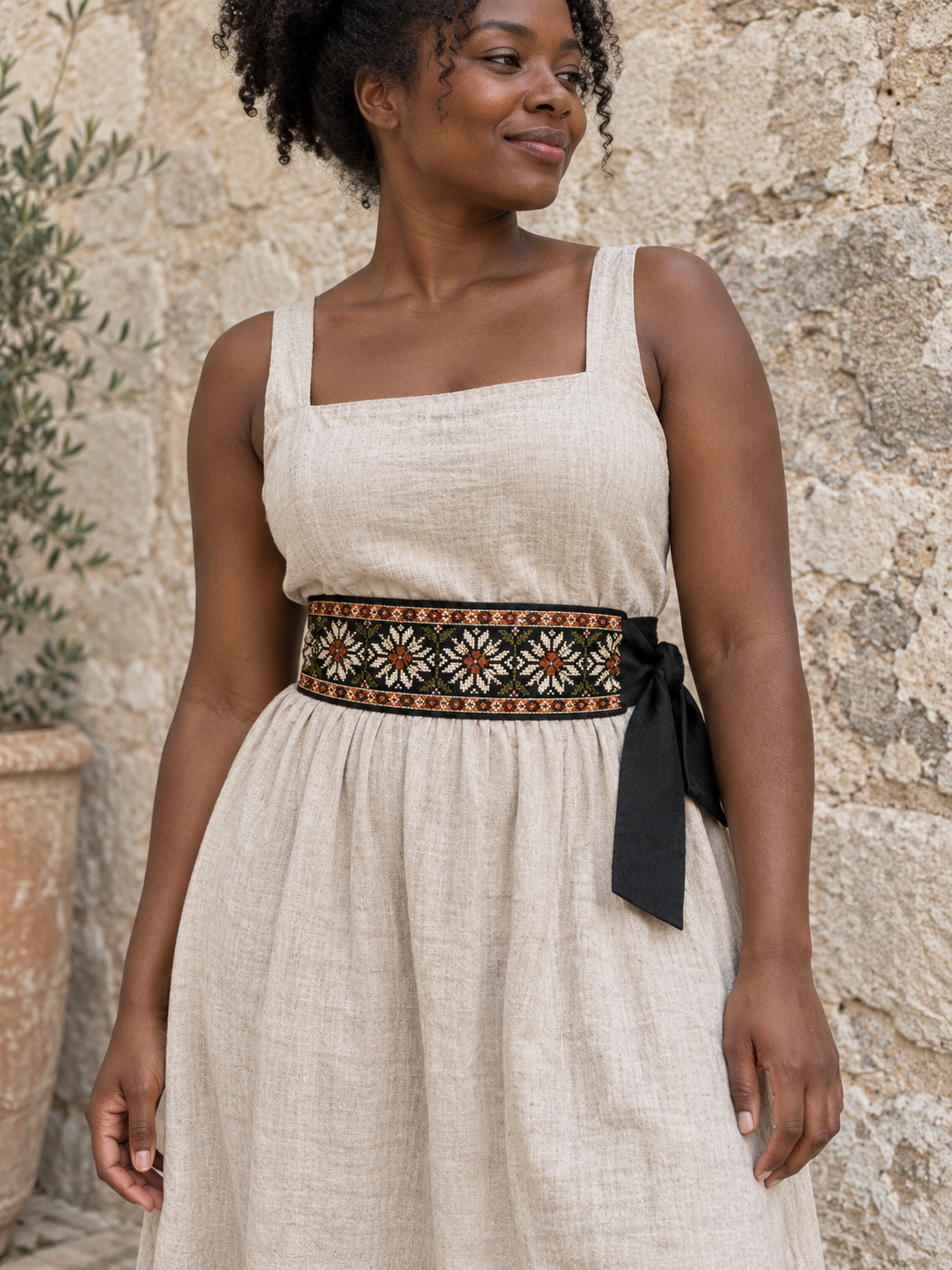 Ivory Rosette Tatreez Wrap Belt - Black - worn at the waist