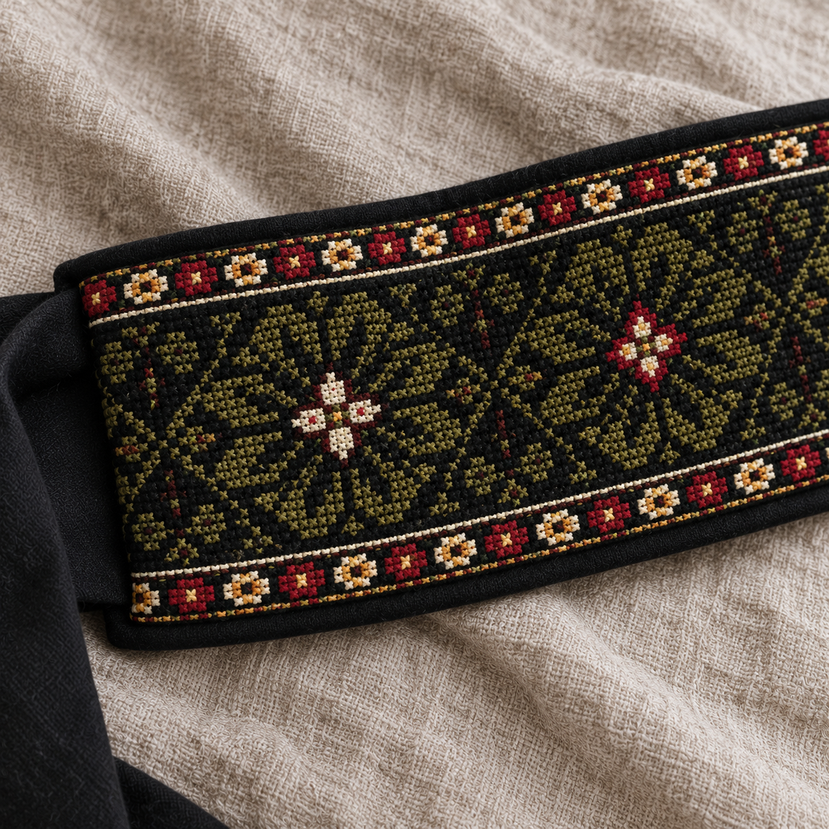 Olive Geometric Tatreez Wrap Belt - Black - tatreez stitching detail