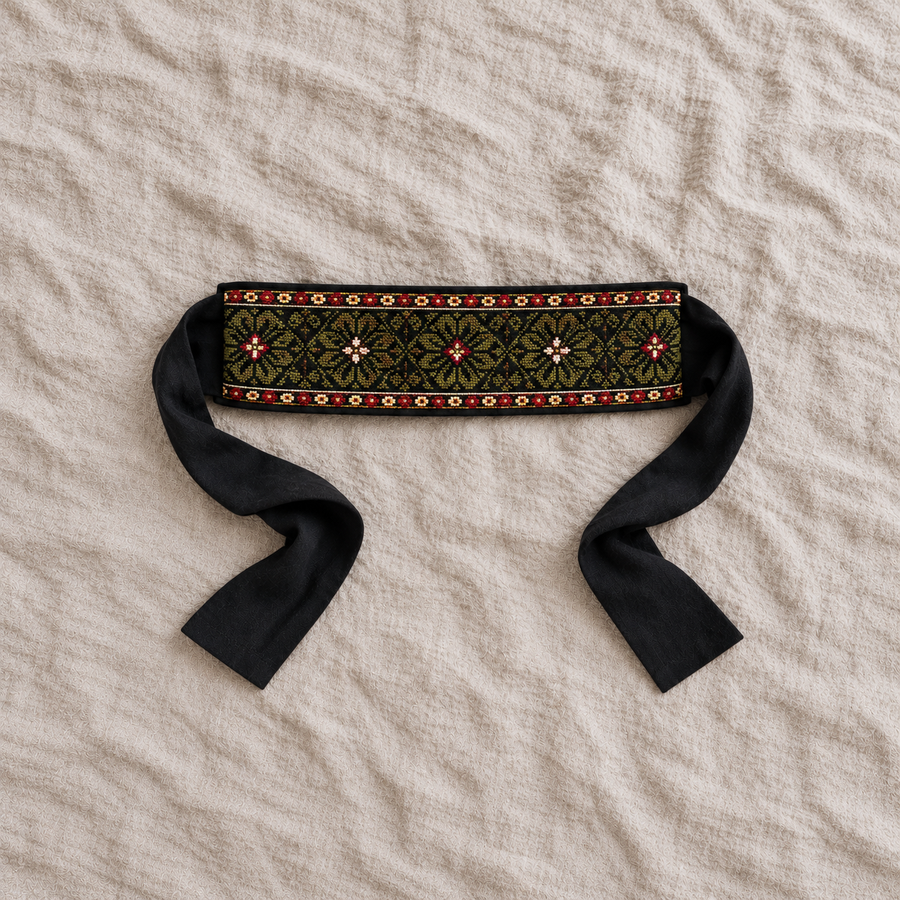 Olive Geometric Tatreez Wrap Belt - Black - product view