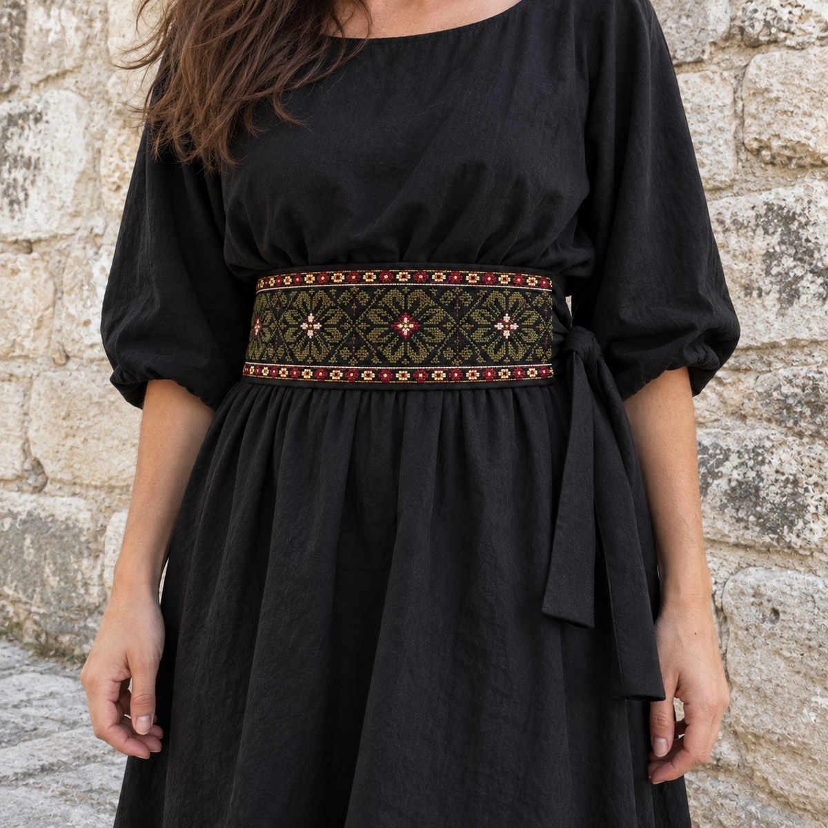 Olive Geometric Tatreez Wrap Belt - Black - worn at the waist