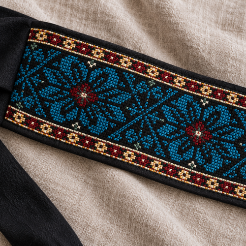 Blue Floral Tatreez Wrap Belt - Black - tatreez stitching detail