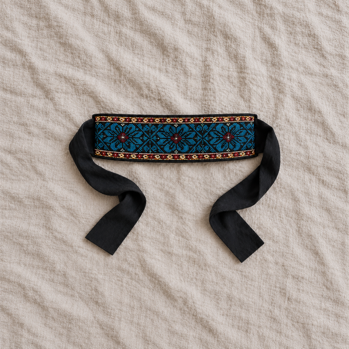 Blue Floral Tatreez Wrap Belt - Black - product view