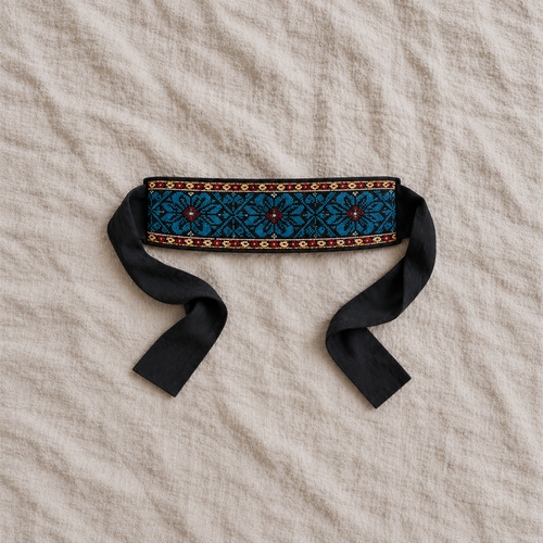 Blue Floral Tatreez Wrap Belt - Black - product view