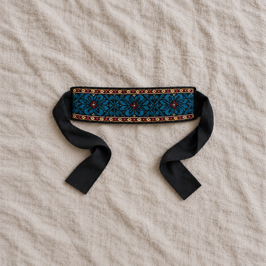 Blue Floral Tatreez Wrap Belt - Black - product view