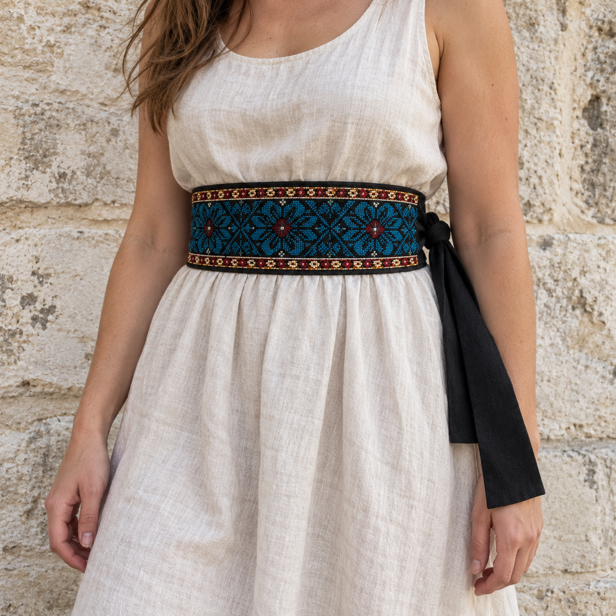 Blue Floral Tatreez Wrap Belt - Black - worn at the waist