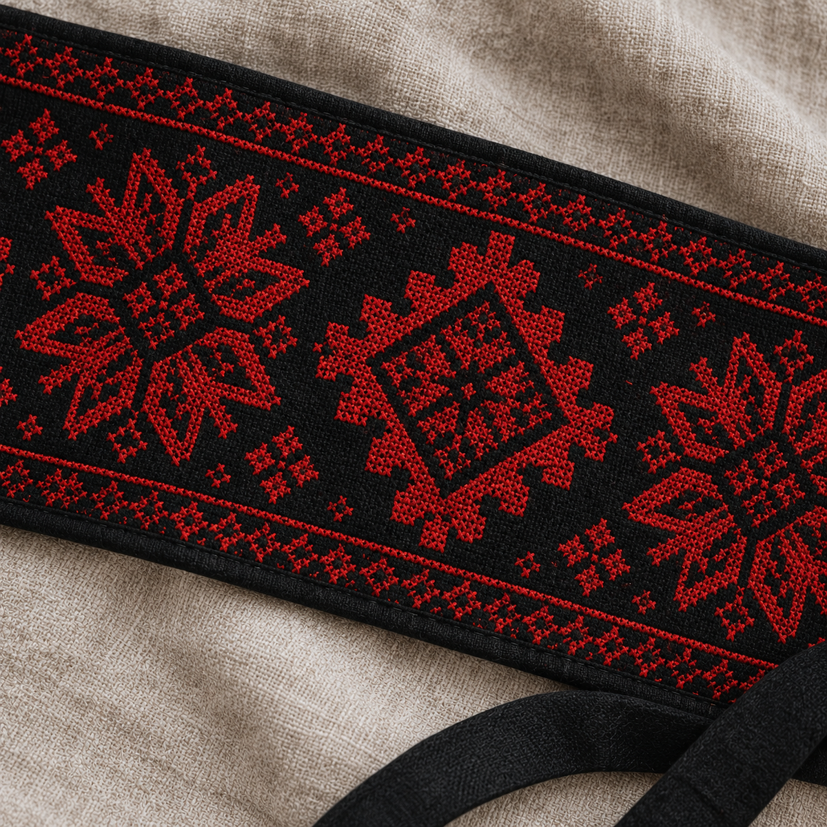 Red Star and Diamond Tatreez Wrap Belt - Black - tatreez stitching detail