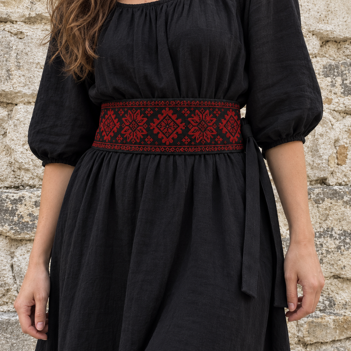 Red Star and Diamond Tatreez Wrap Belt - Black - worn at the waist