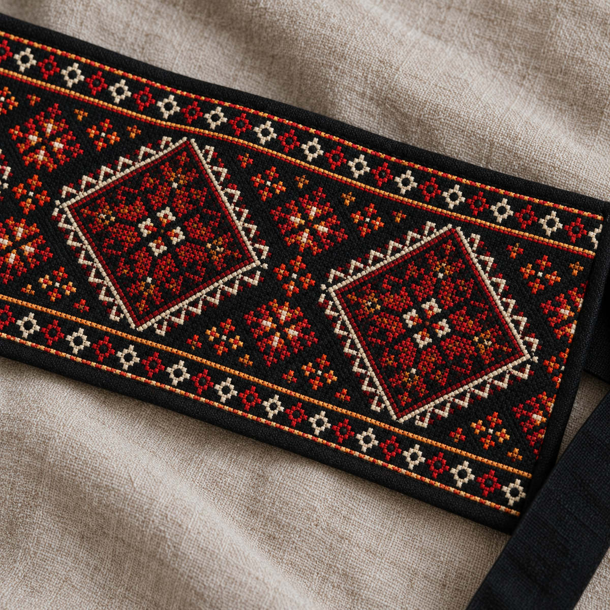 Red Heritage Diamond Tatreez Wrap Belt - Black - tatreez stitching detail