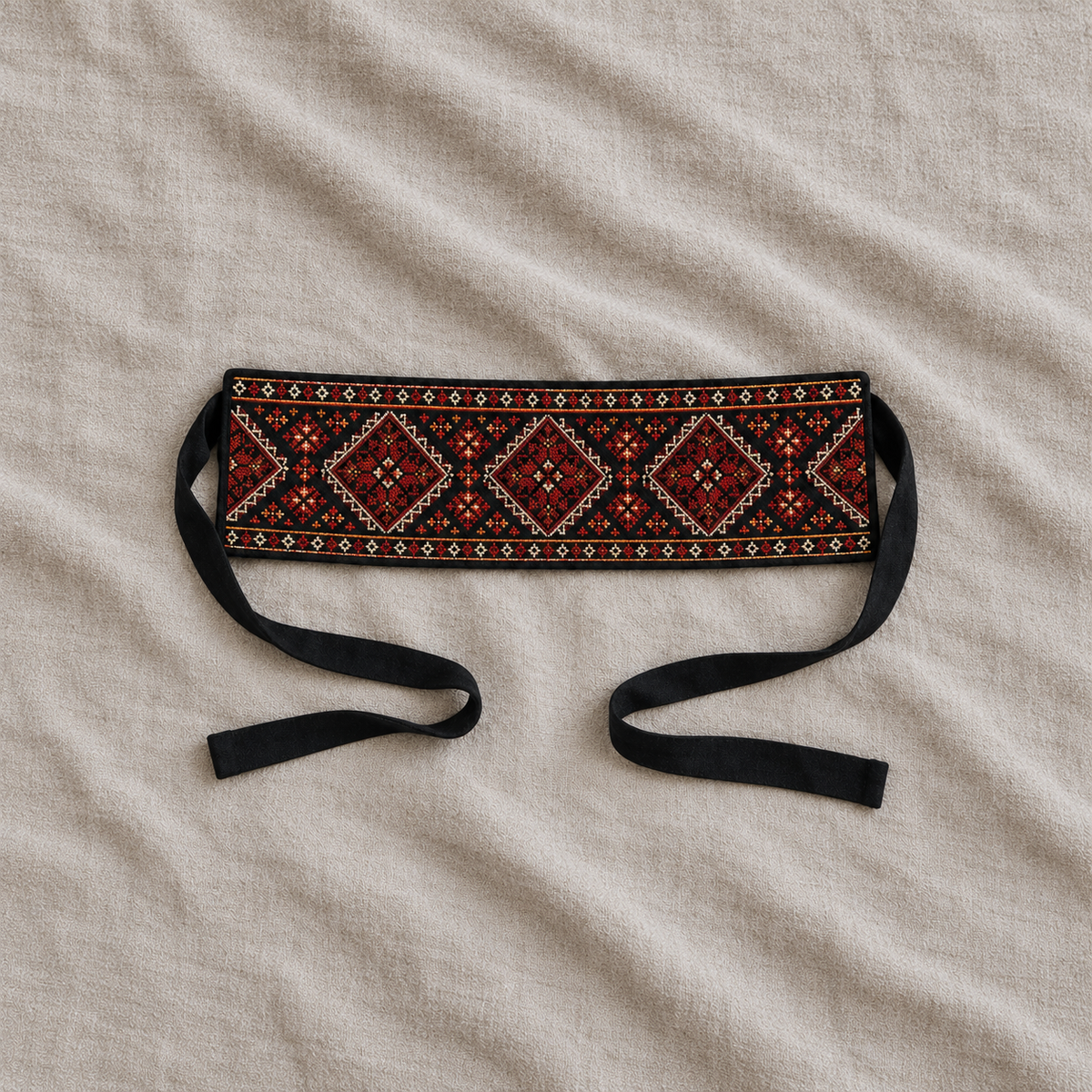 Red Heritage Diamond Tatreez Wrap Belt - Black - product view