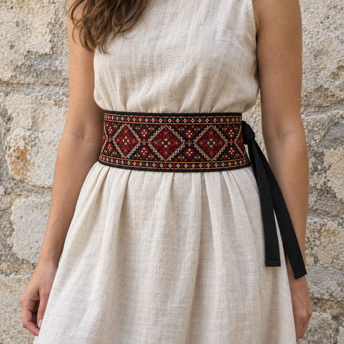 Red Heritage Diamond Tatreez Wrap Belt - Black - worn at the waist