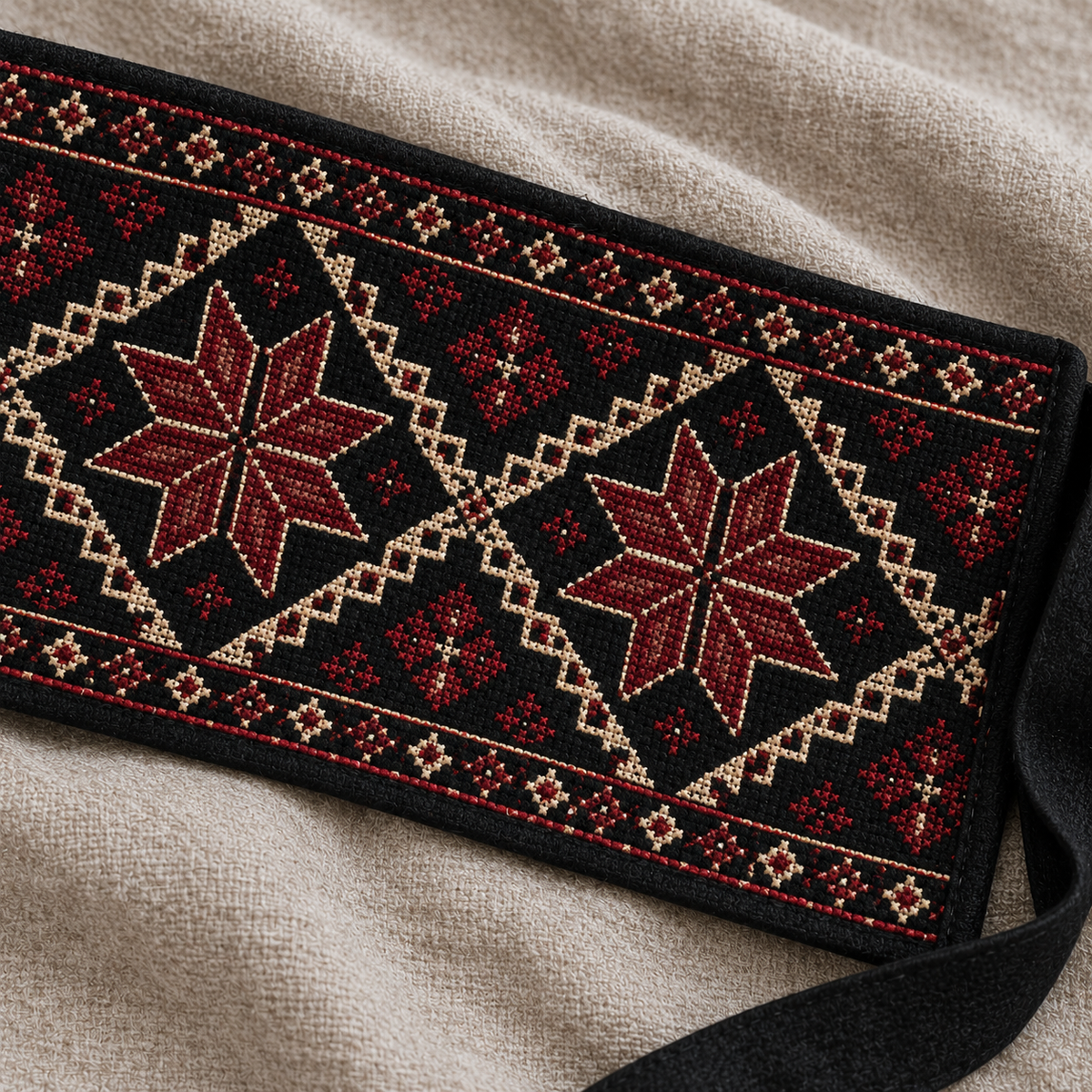 Burgundy Star Tatreez Wrap Belt - Black - tatreez stitching detail