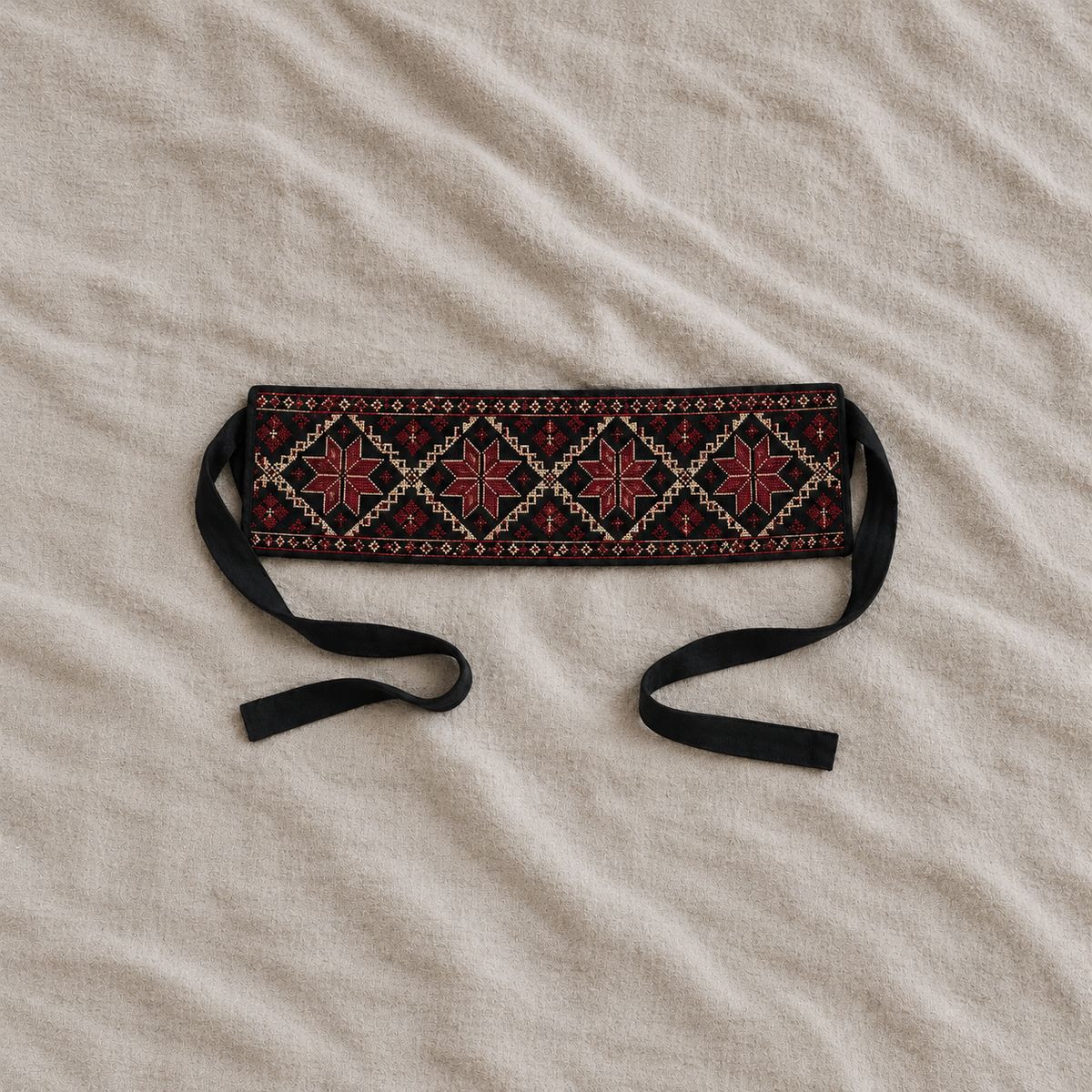 Burgundy Star Tatreez Wrap Belt - Black - product view
