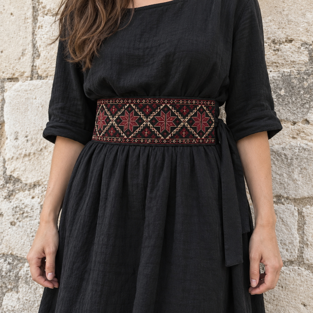 Burgundy Star Tatreez Wrap Belt - Black - worn at the waist