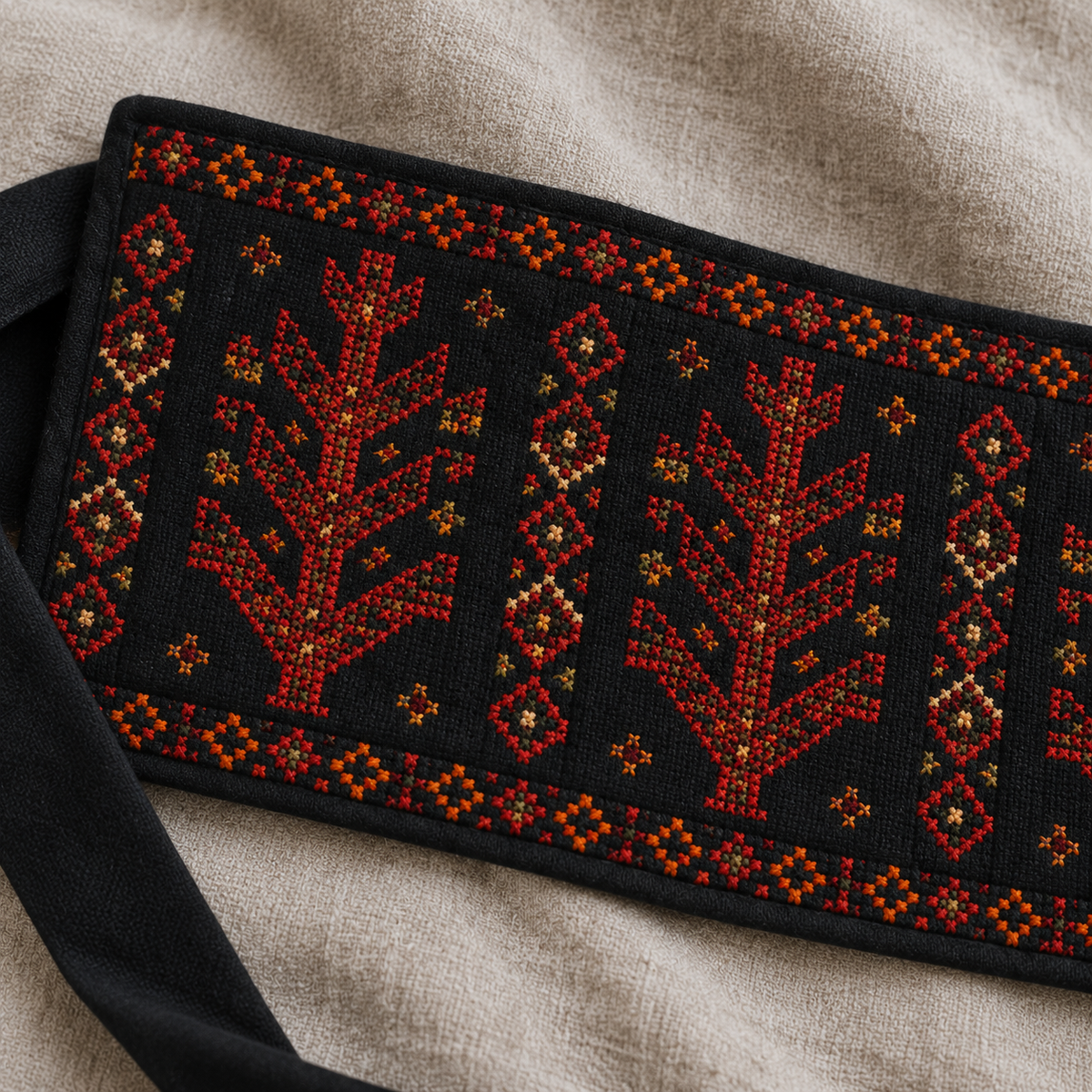 Branching Tree Tatreez Wrap Belt - Black - tatreez stitching detail