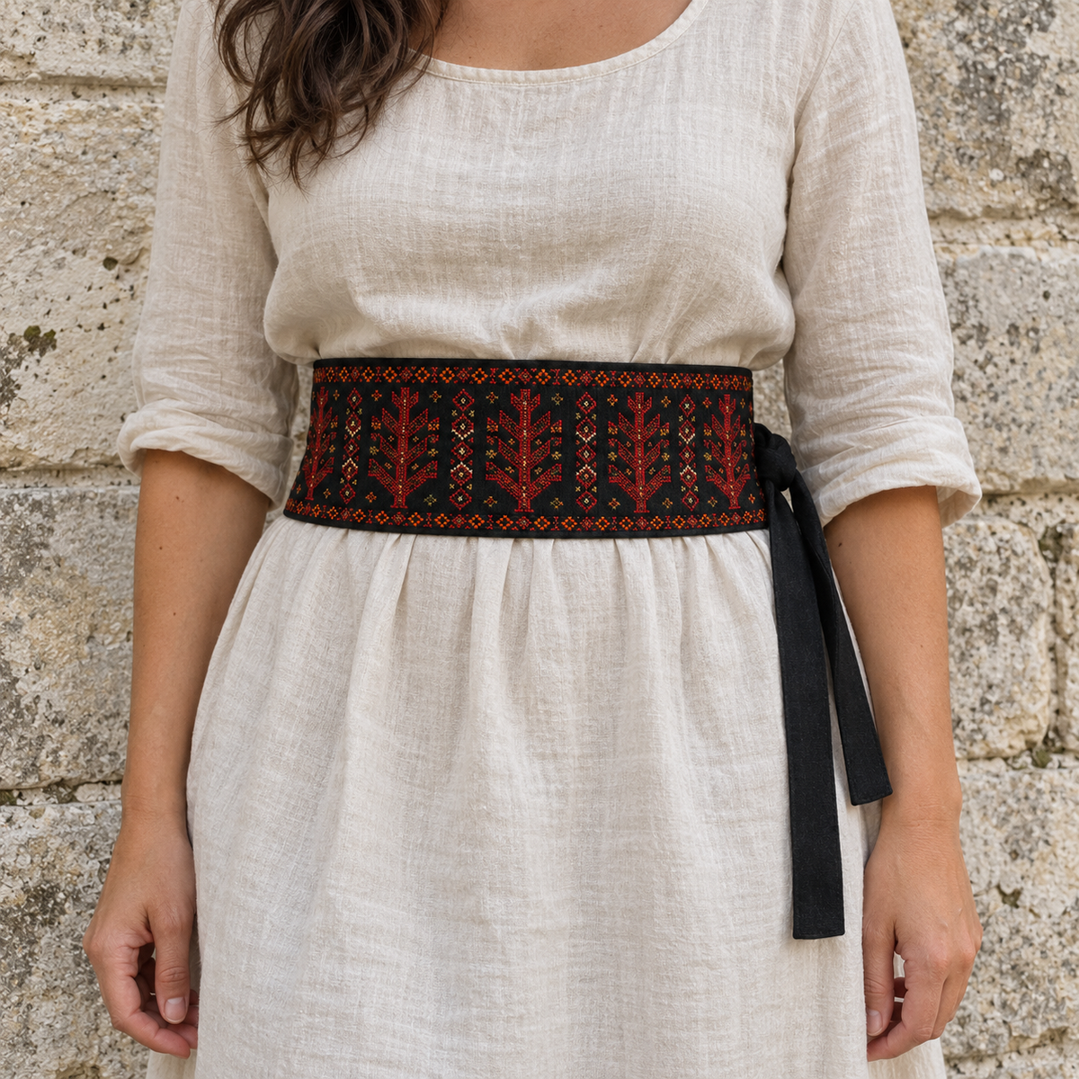Branching Tree Tatreez Wrap Belt - Black - worn at the waist