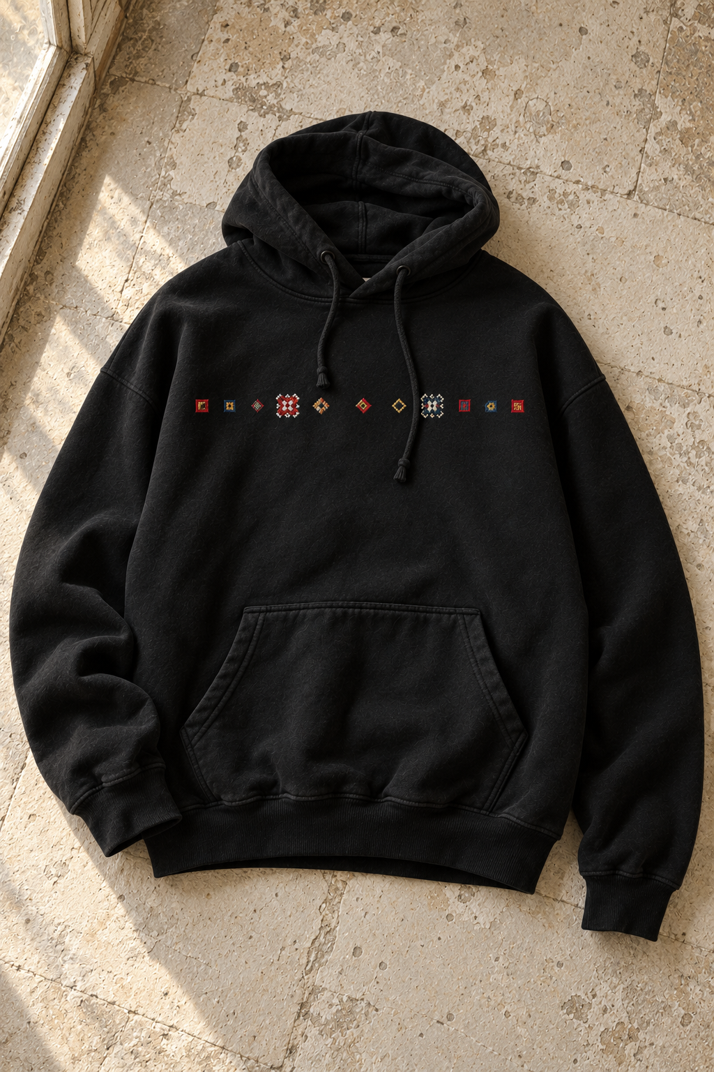 Black Tatreez Chest Line Hoodie - flat lay