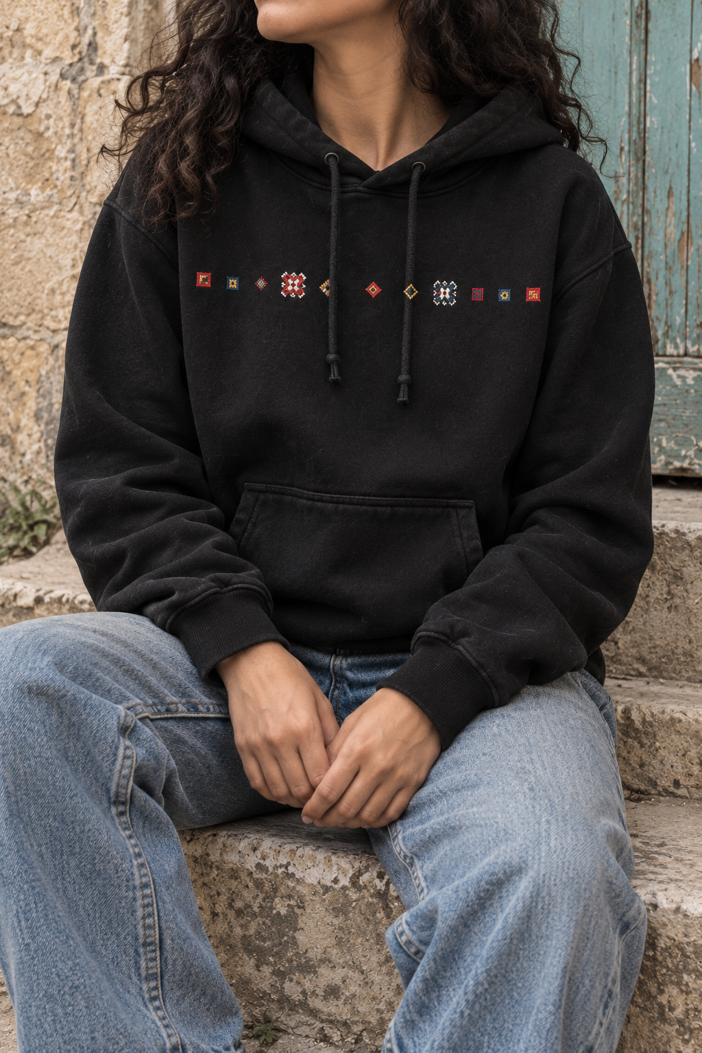 Black Tatreez Chest Line Hoodie - model