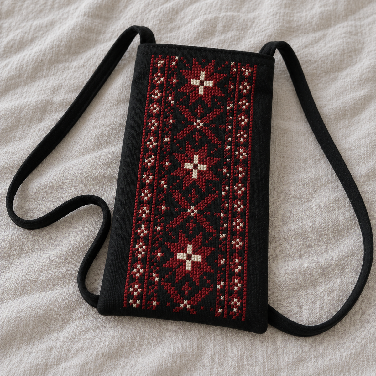 Red Geometric Tatreez Phone Pouch - Black - embroidery detail