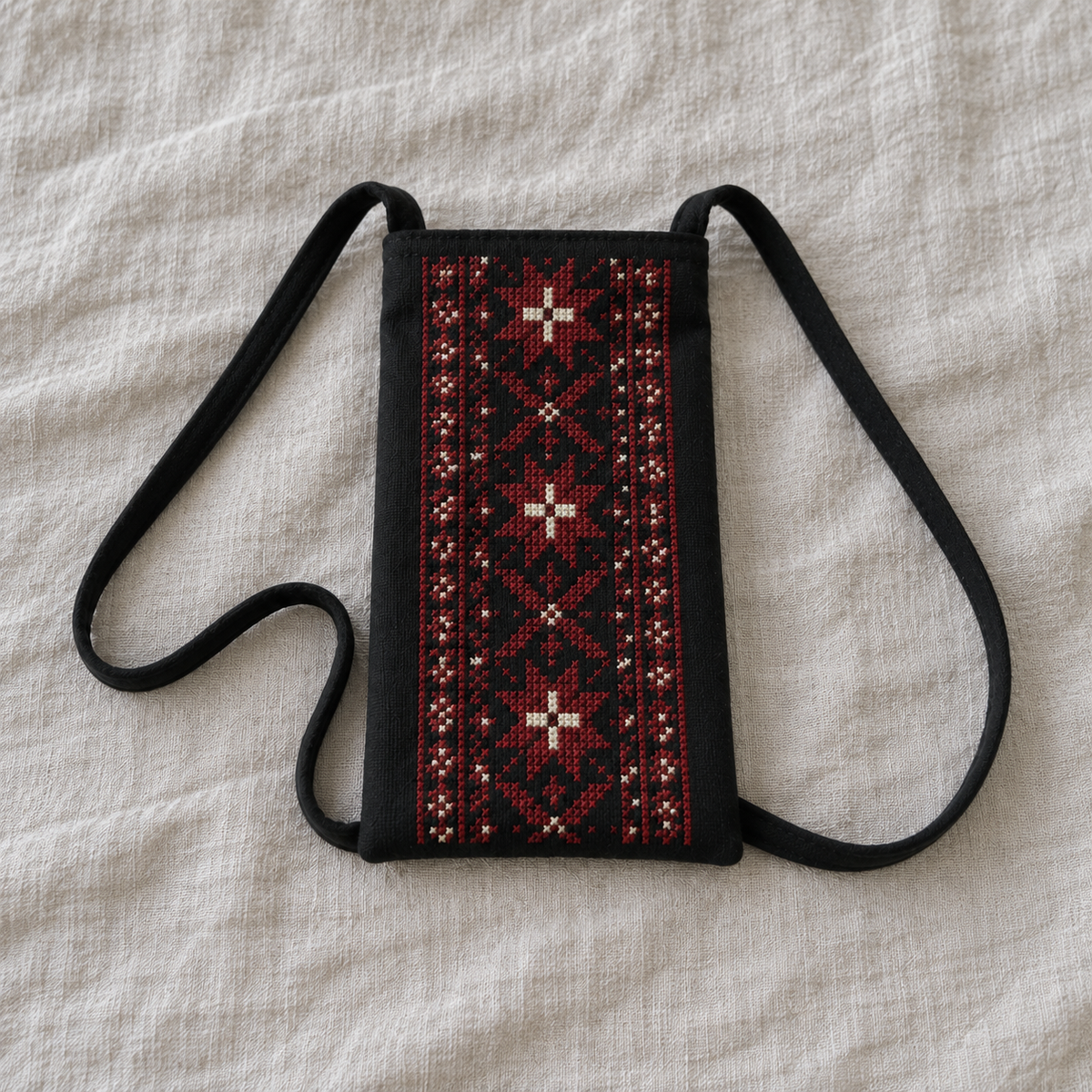 Red Geometric Tatreez Phone Pouch - Black - product view