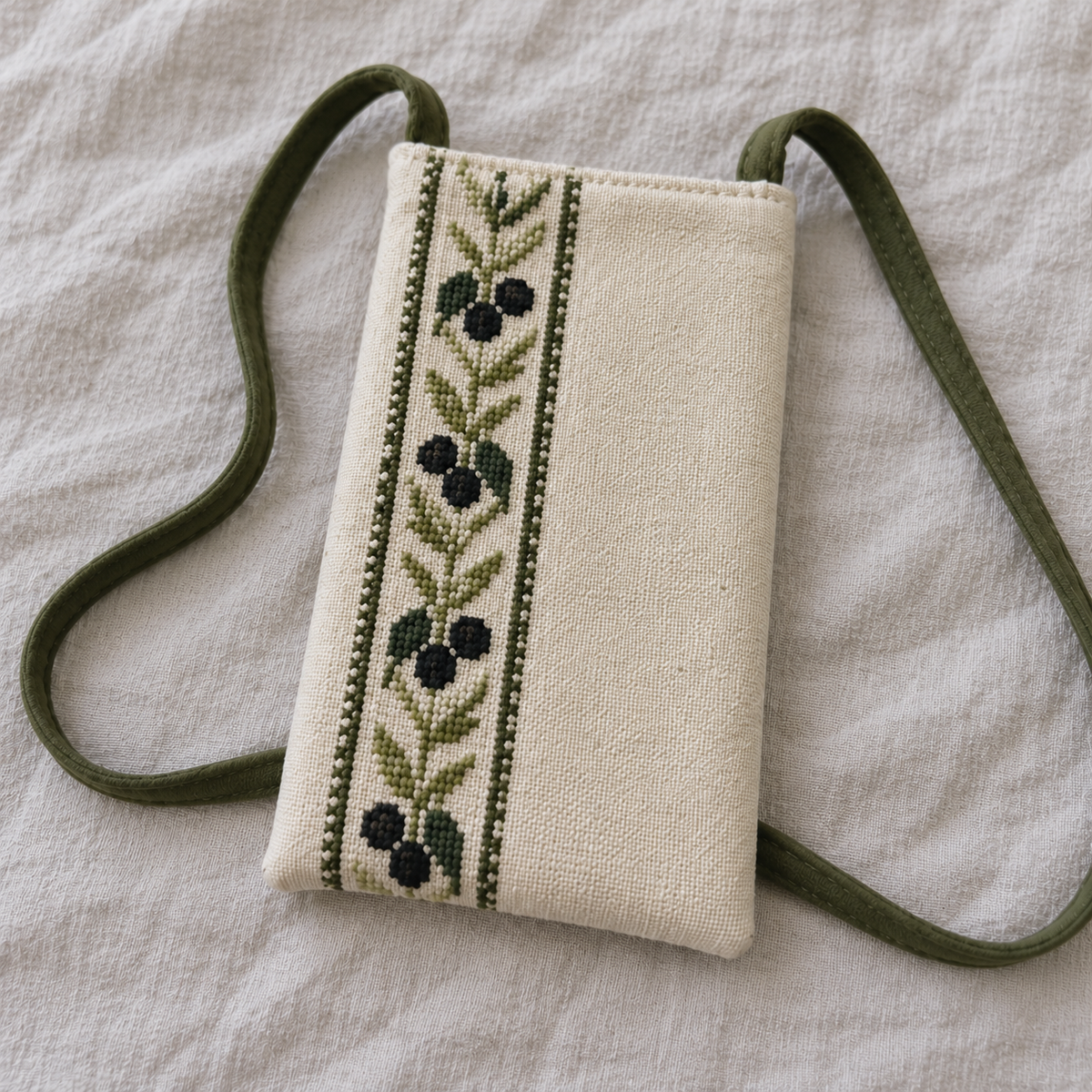 Olive Branch Tatreez Phone Pouch - Cream - embroidery detail