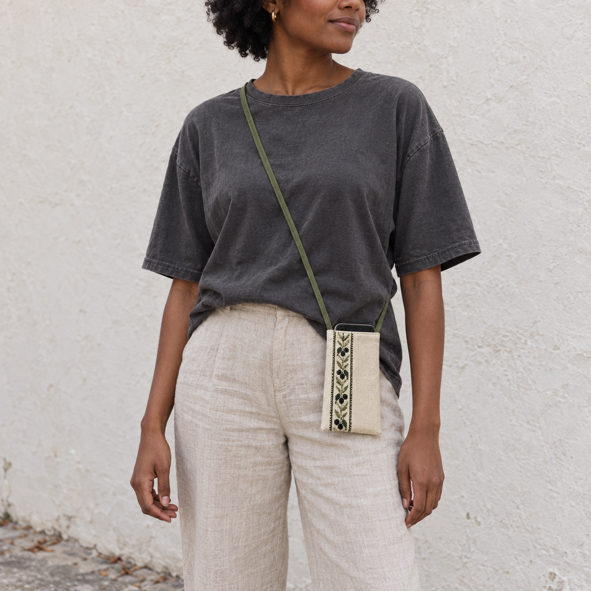 Olive Branch Tatreez Phone Pouch - Cream - worn crossbody with a phone
