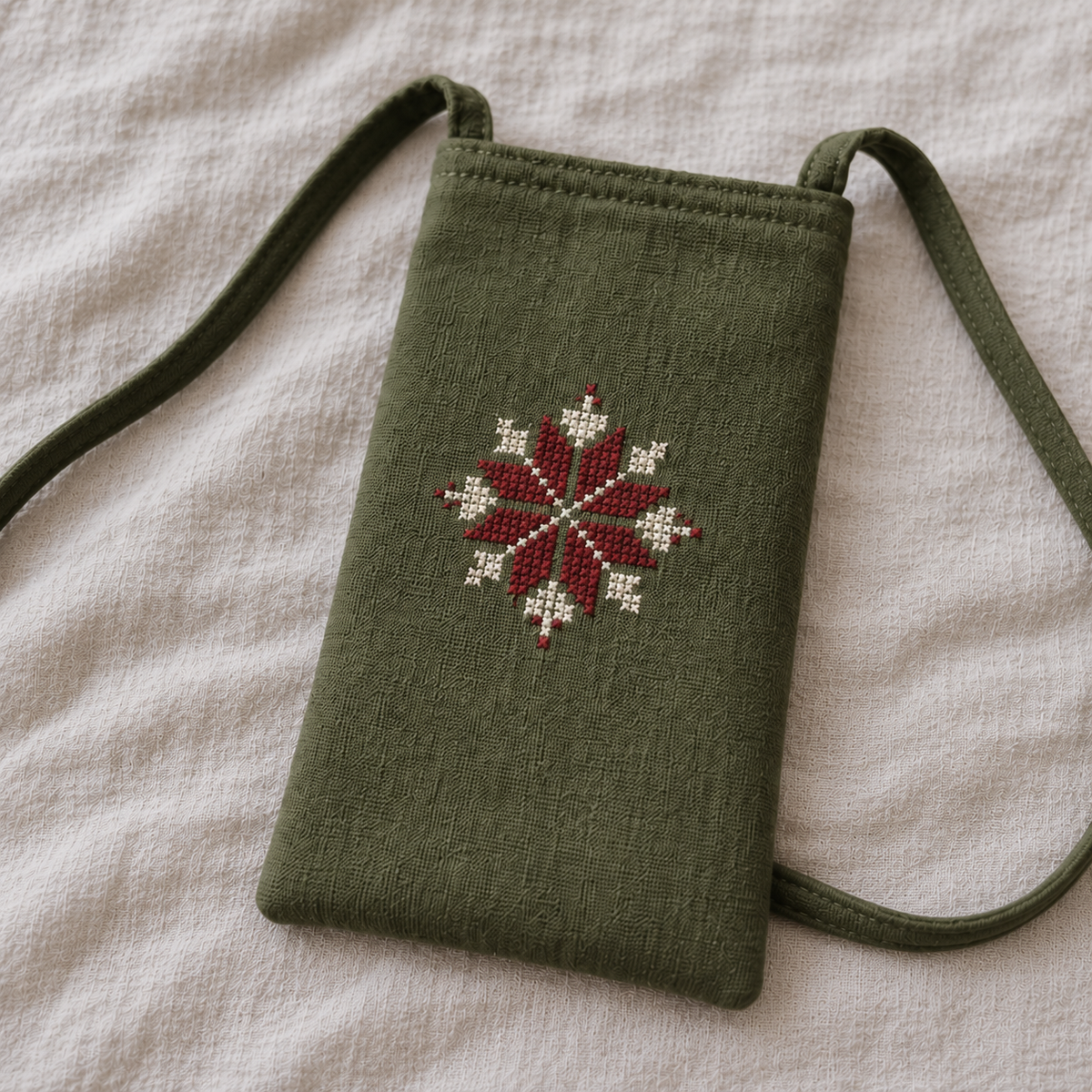 Bethlehem Star Tatreez Phone Pouch - Olive - embroidery detail