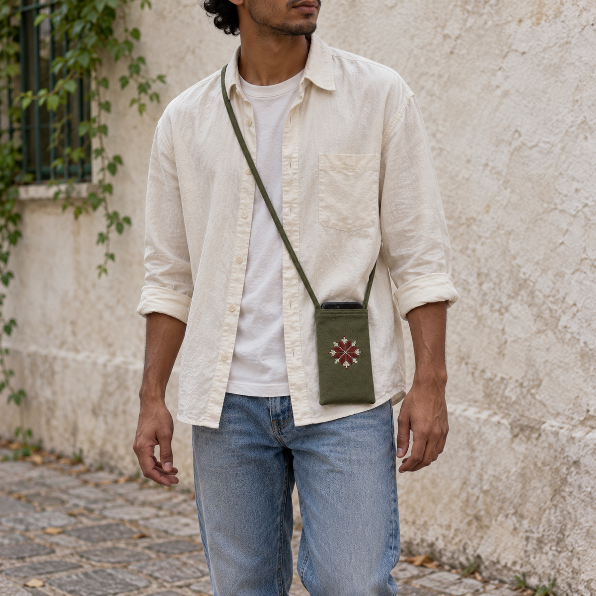 Bethlehem Star Tatreez Phone Pouch - Olive - worn crossbody with a phone