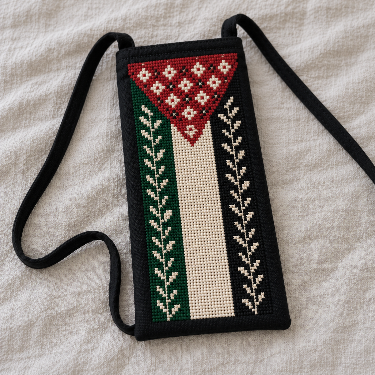 Palestine Flag Tatreez Phone Pouch - Black - embroidery detail