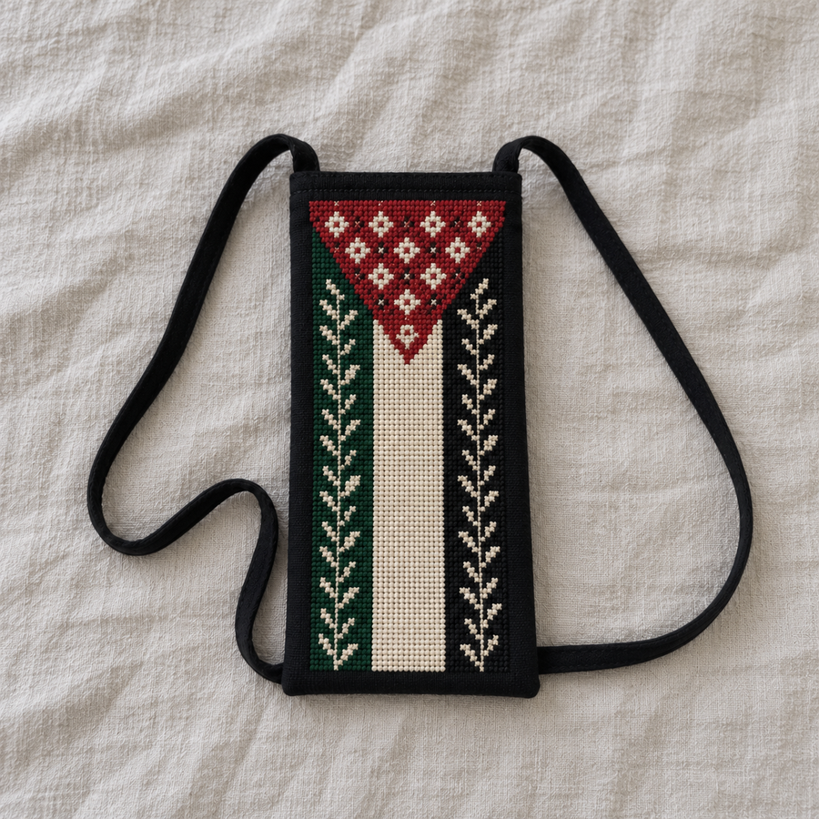 Palestine Flag Tatreez Phone Pouch - Black - product view