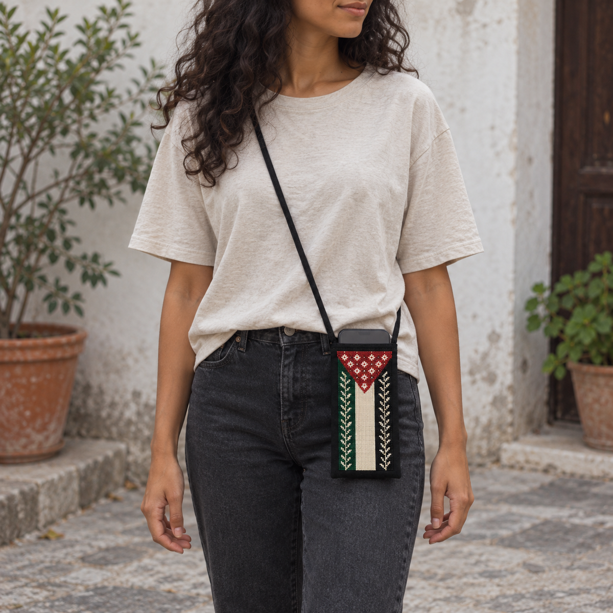 Palestine Flag Tatreez Phone Pouch - Black - worn crossbody with a phone