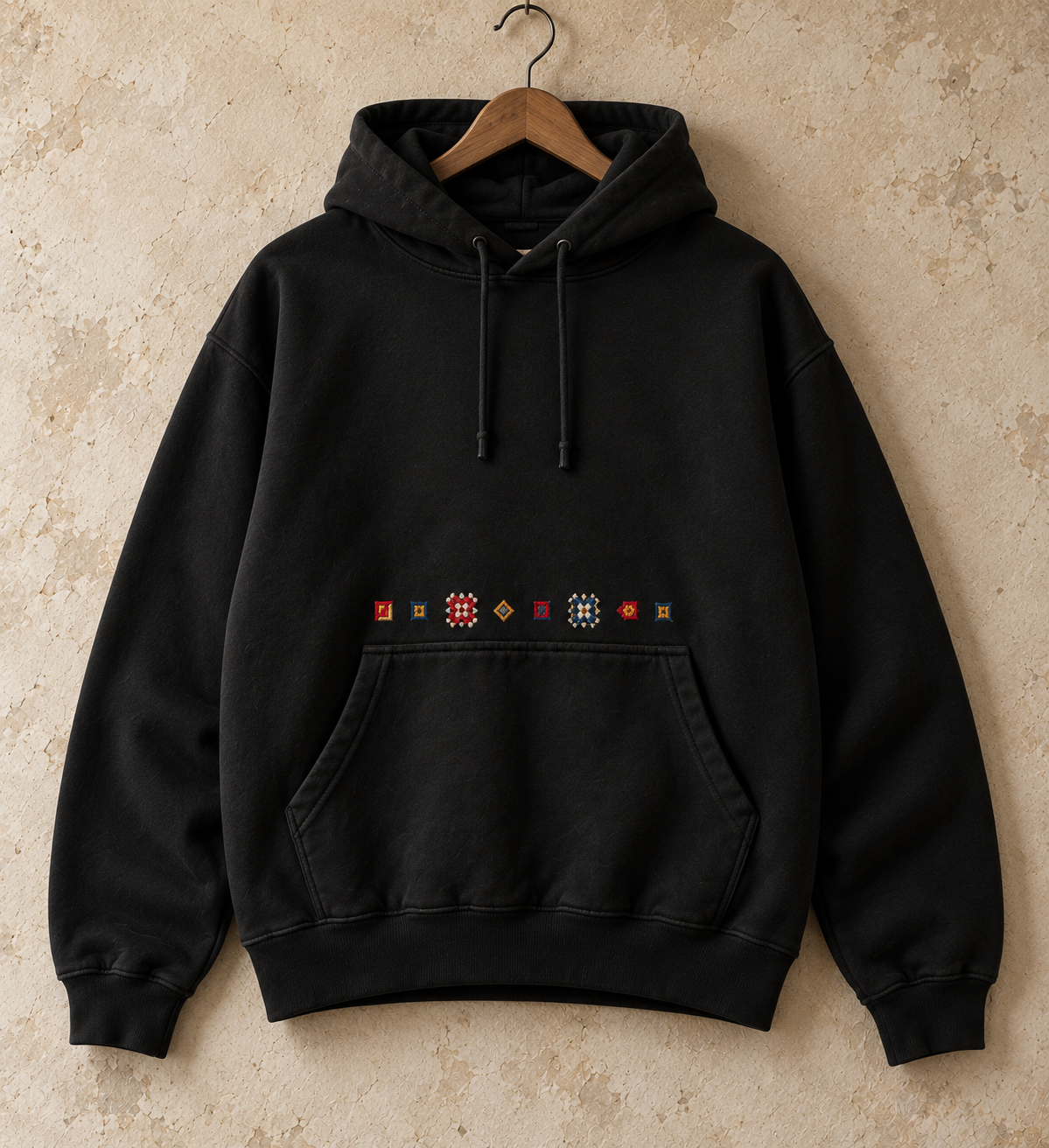 Tatreez Pocket Line Hoodie - Black - hanging product shot