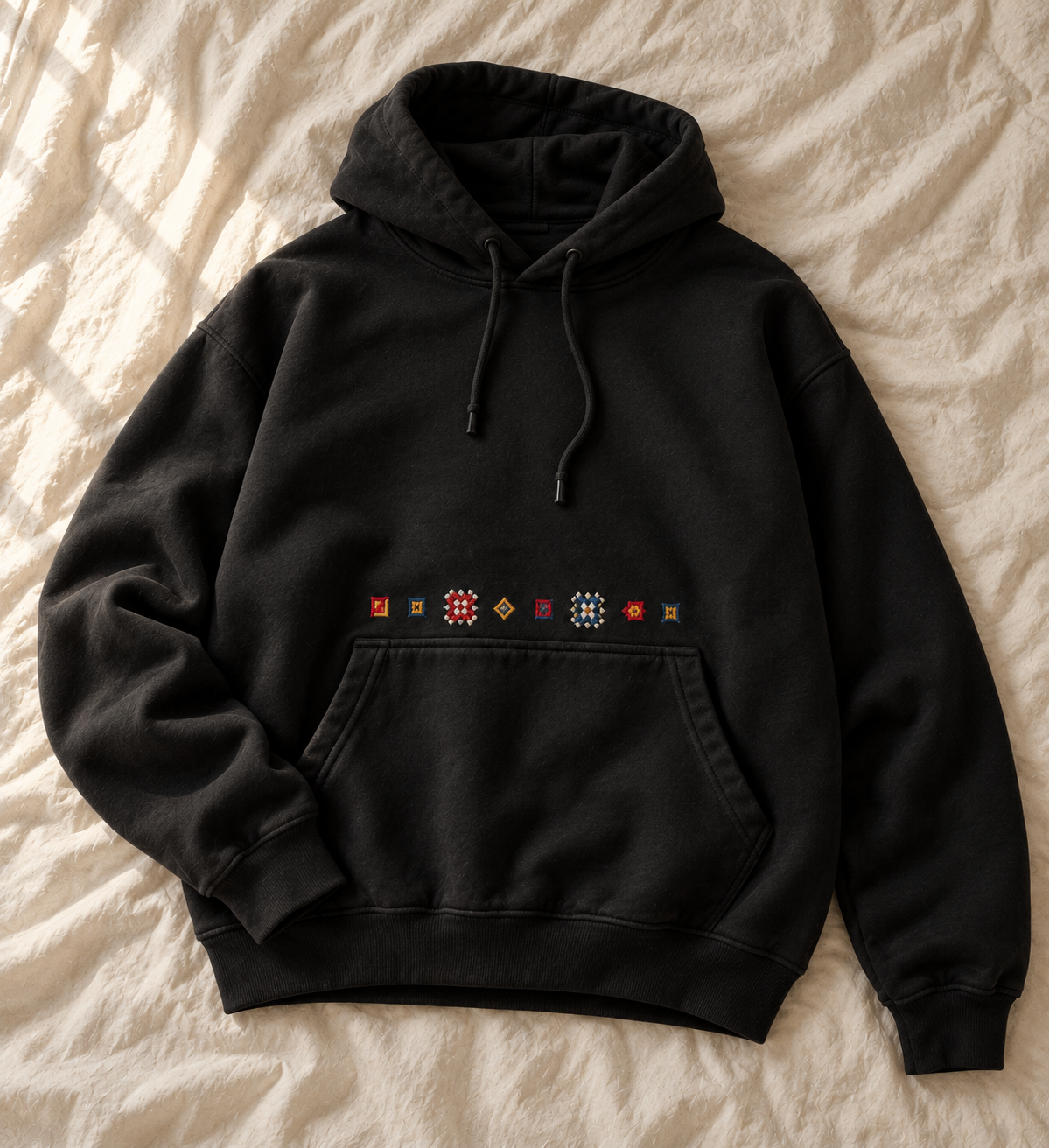 Tatreez Pocket Line Hoodie - Black - natural flat lay