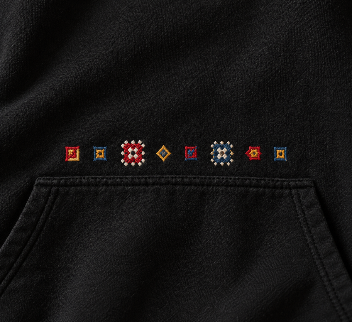 Tatreez Pocket Line Hoodie - Black - embroidery close-up