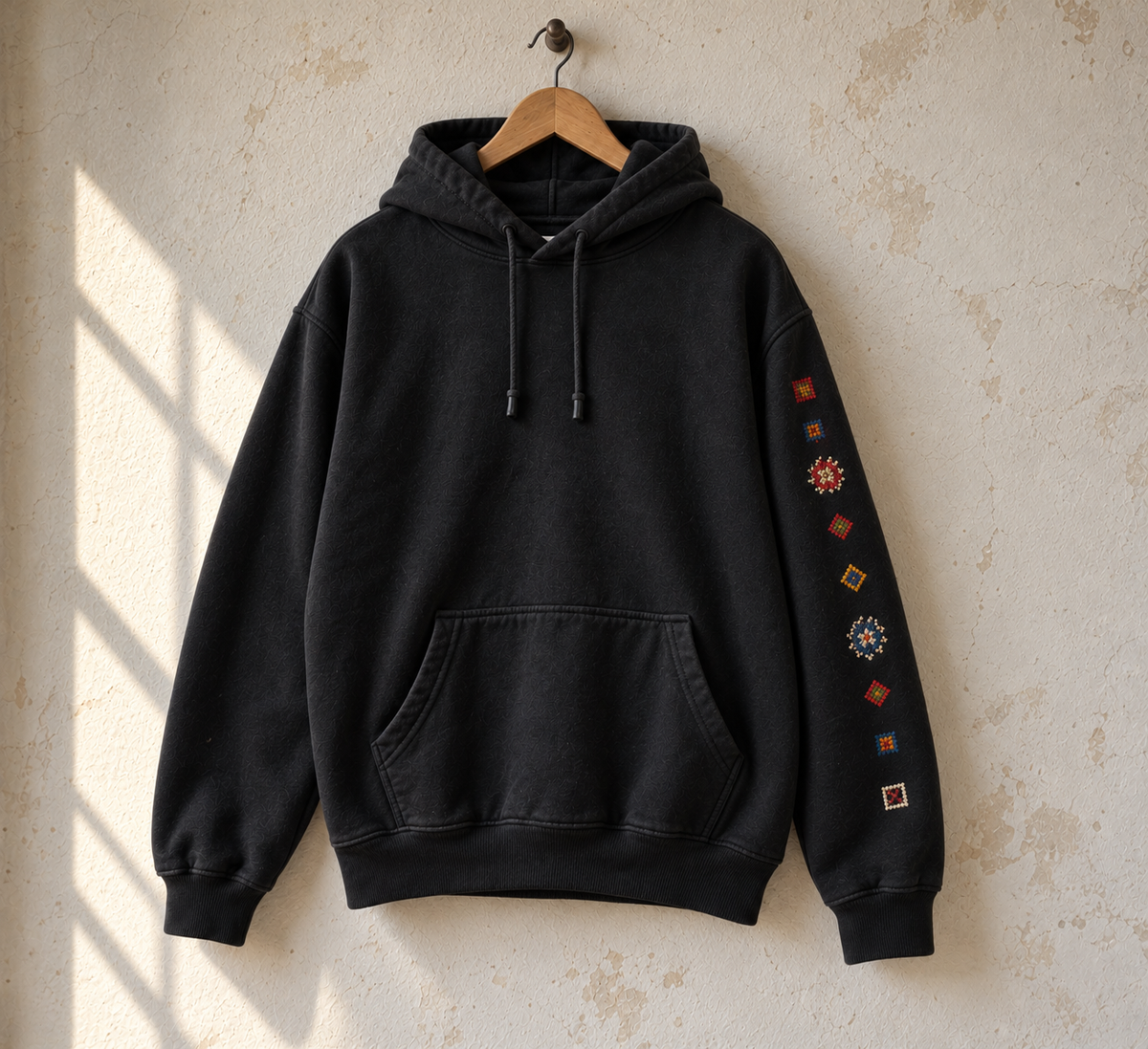 Tatreez Sleeve Line Hoodie - Black - hanging product shot