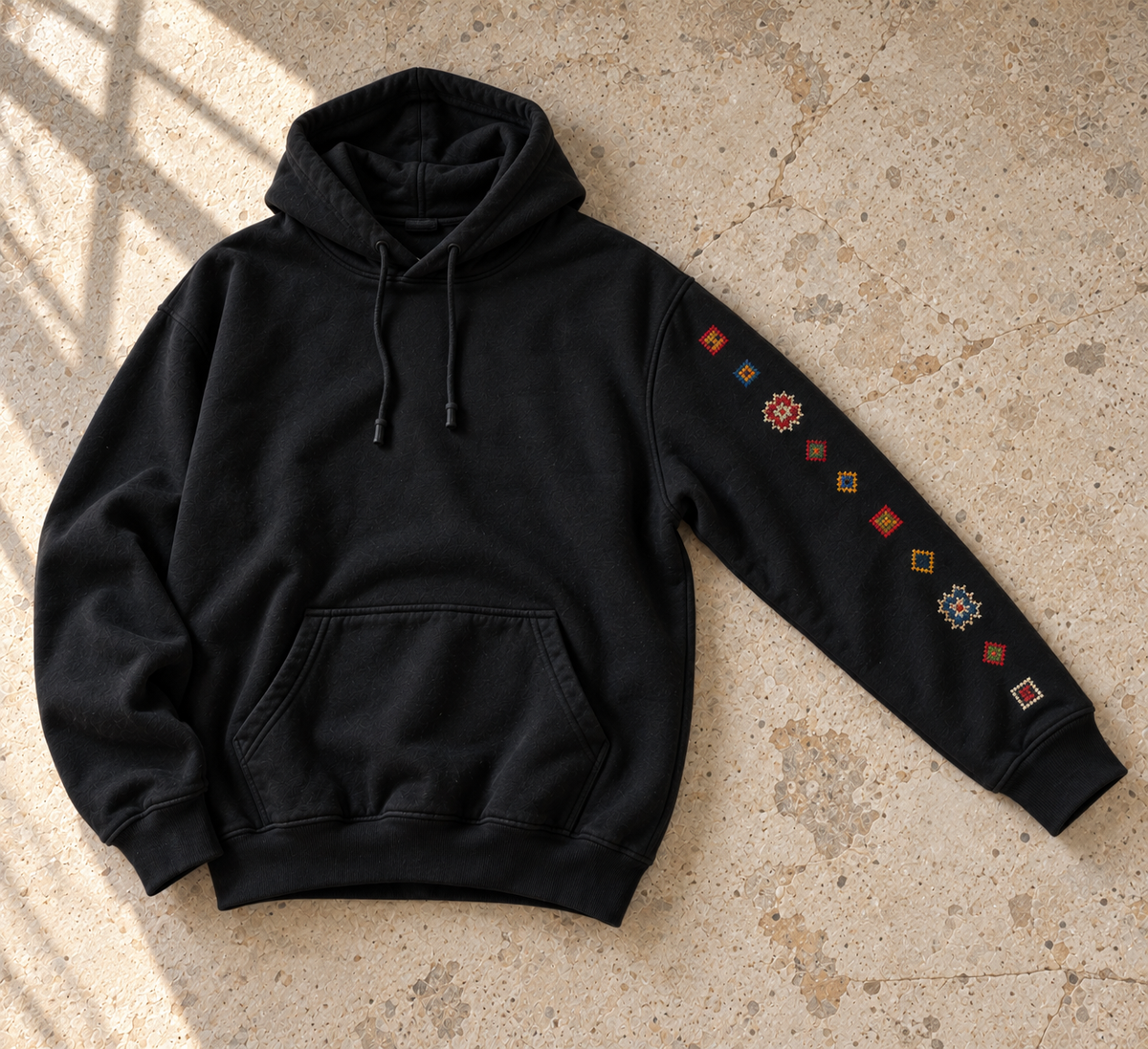 Tatreez Sleeve Line Hoodie - Black - flat lay