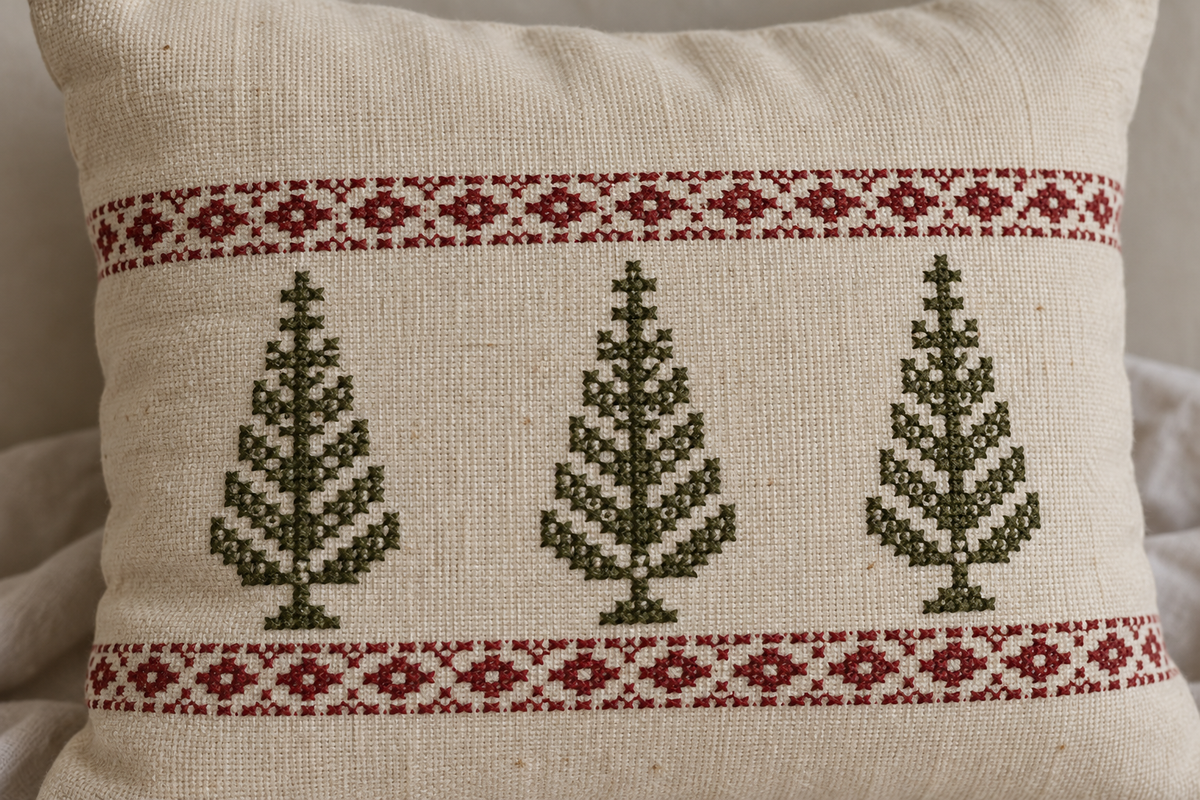 Three Cypress Tatreez Cushion Cover - Cream, closer view of the embroidery