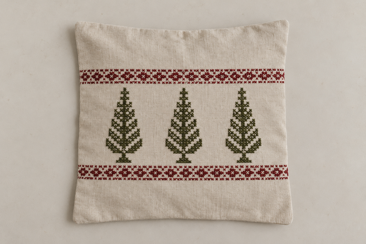 Three Cypress Tatreez Cushion Cover - Cream, cover laid flat