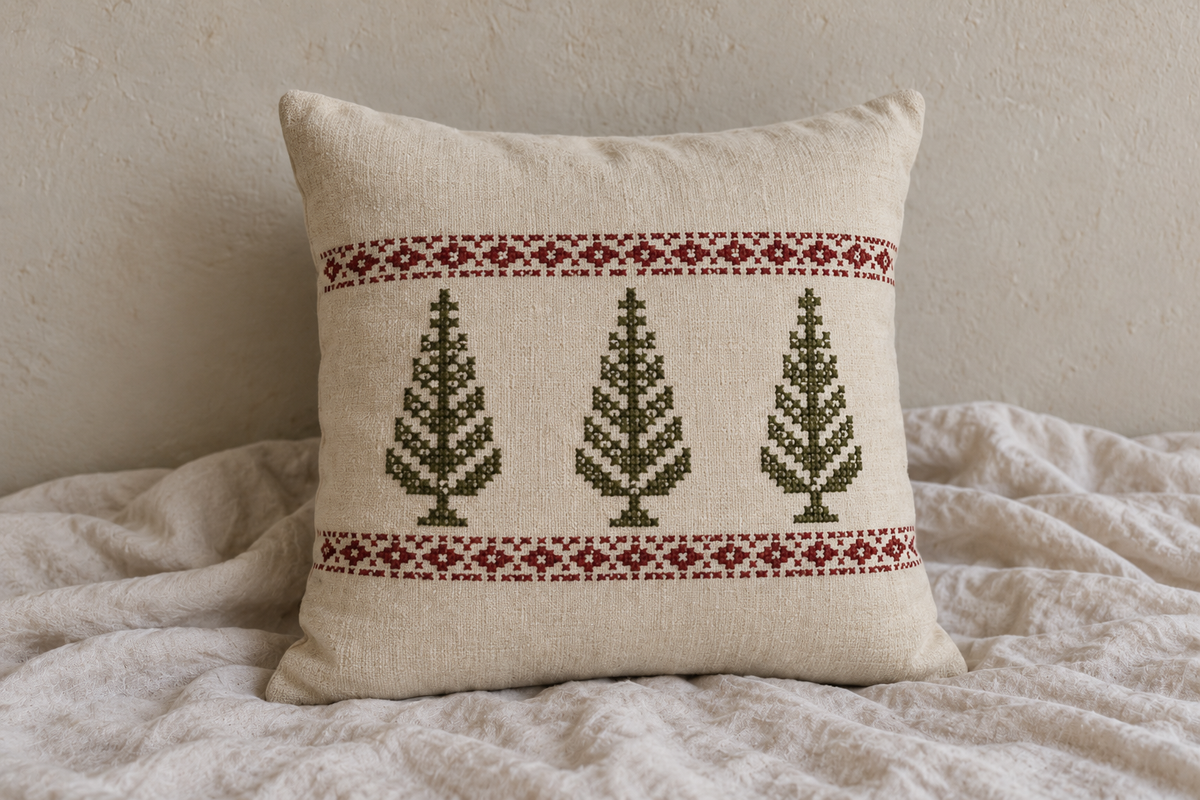 Three Cypress Tatreez Cushion Cover - Cream, product view