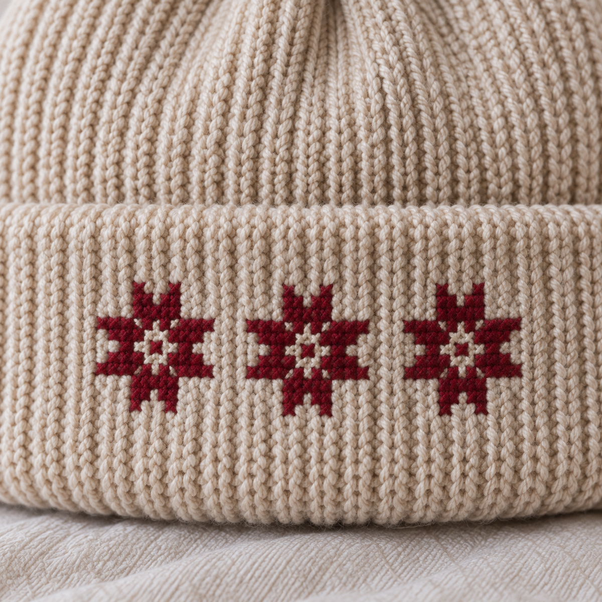 Three Star Tatreez Beanie - Oatmeal - close-up of Palestinian tatreez stitching